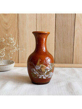 Vintage Peacock Floral Brown Ceramic Vase 6 Inch Decorative Accent